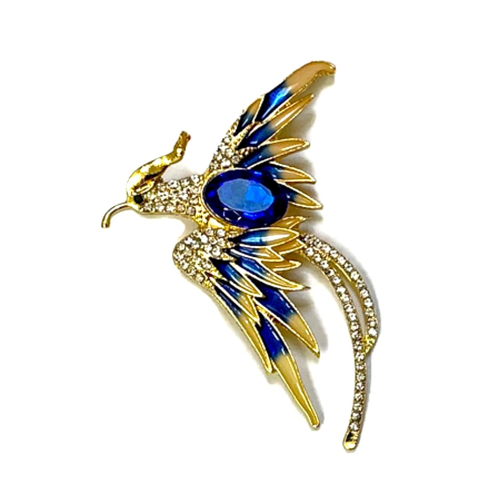 Blue and Gold Phoenix Bird Brooch